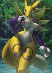 anthro armwear blue_eyes breasts claws clothing detailed_background digimon digimon_(species) digimon_adventure digimon_tamers female female_only forest fur genitals hi_res mane momobeda nipples nude pinup pose pussy renamon sleeves solo standing thigh_gap tree water waterfall white_body white_fur yellow_body yellow_fur yin_yang