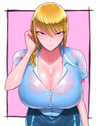 1girls blonde_hair button_gap cleavage curvy huge_breasts looking_at_viewer naughty_face pov red_eyes see-through see-through_clothing short_hair smirk solo solo_focus wet_shirt wide_hips wolffeld_price