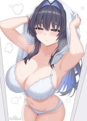 1girls arms_behind_head bitch bra hololive hololive_english hololive_english_-council- hololive_english_-promise- huge_breasts kershok large_breasts long_hair ouro_kronii panties slut slutty_female towel_on_head