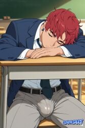 ai_generated bulge bulge_through_clothing closed_eyes dandadan jin_enjoji light-skinned_male light_skin male_only red_hair school_uniform senpai_sauce sleeping yaoi