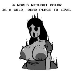 1girls 2d 2d_(artwork) areolae big_breasts black_hair breasts breasts_out clothed creepypasta dialogue english_text freckles freckles_on_breasts horror huge_breasts long_hair mario_(series) monochrome nintendo nipples no_bra no_eyes open_mouth princess_daisy revlis_nahtan solo solo_female super_mario_land text thick_thighs