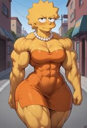 abs ai_generated angry biceps blush bodybuilder breasts broad_shoulders bulky cleavage female lisa_simpson looking_at_viewer medium_breasts muscle_girl muscular muscular_female orange_dress pearl_necklace short_dress skindentation solo strapless_dress taut_clothes the_simpsons thunder_thighs wide_hips yellow_skin zakvar