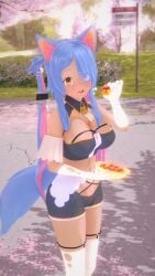 1girls 2022 3d ahoge big_breasts blue_hair breasts cat_ears cat_tail catgirl cherry_blossoms cleavage deluxe_rosie elbow_gloves female female_only food gloves holding_food indie_virtual_youtuber long_hair looking_at_viewer multicolored_hair navel open_mouth outdoors pink_hair rosie_(vtuber) short_shorts smile solo solo_female tail tan-skinned_female tan_body tan_skin thighhighs thighs thin_waist tongue tree twintails virtual_youtuber yellow_eyes