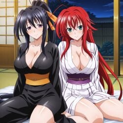 2girls ahoge ai_generated akeno_himejima antenna_hair artkoikoi black_hair blue_green_eyes blush couple crimson_hair curvy female_only hair_rings high_school_dxd kimono large_breasts light_skin night orange_ribbon ponytail rias_gremory thick_thighs very_long_hair violet_eyes voluptuous yuri