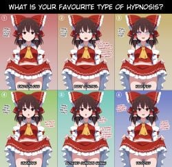 absurdres ai_assisted ascot body_control bow brown_hair change_in_common_sense cleft_of_venus clothes_lift commentary comparison detached_sleeves empty_eyes english_commentary english_text female frilled_bow frilled_hair_tubes frills guilegaze hair_tubes hairbow hakurei_reimu highres hypnosis lifting_own_clothes long_hair mind_control miniskirt no_panties pussy red_bow red_eyes red_skirt redrawn ribbon-trimmed_sleeves ribbon_trim skirt skirt_lift touhou yellow_ascot