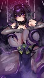 absurdres ahoge black_collar blush bodystocking breasts breath clenched_teeth collar commentary cowboy_shot crawling_dreams cum curvy detached_sleeves english_commentary female grey_bodystocking hair_between_eyes highres huge_breasts lace_collar long_hair looking_at_viewer nyarla_(osiimi) osiimi pelvic_curtain purple_eyes purple_hair solo spread_legs teeth tentacle tentacle_pit thick_thighs thighs torn_bodystocking torn_clothes trembling