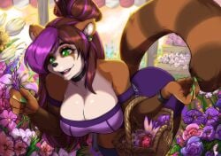 1girls anthro bent_over big_breasts blizzard_entertainment brown_hair choker cleavage earrings female female_only flowers fur furry green_eyes green_nail_polish kiku_(white_knight19) long_hair pandaren pandaren_female purple_hair smile solo tail tied_hair turtlechan two_tone_hair very_high_resolution warcraft world_of_warcraft