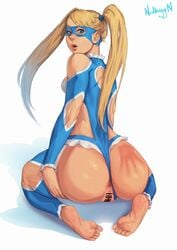 absurdres anus ass ass_support bar_censor blonde_hair blue_eyes breasts censored female from_behind full_body highres leotard leotard_aside lips long_hair long_twintails looking_back nidhoggn nose pussy rainbow_mika sitting slap_mark solo spanked street_fighter street_fighter_v twintails wariza wrestling_mask wrestling_outfit