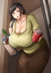 1girls black_hair breasts cleavage clothed clothing female female_only holding holding_object holding_soda huge_breasts mature mature_female mature_woman milf original soda soda_can solo solo_female toshi21888046 voluptuous voluptuous_female