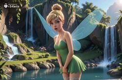 1girls ai_generated artist_name bare_shoulders blonde_hair blue_eyes breasts cleavage day disney dress fairy fairy_wings green_dress hair_bun hi_res lips looking_at_viewer medium_breasts nature nose open_mouth outdoors peter_pan_(disney) ponytail r34arts realistic short_dress short_hair single_hair_bun solo strapless strapless_dress thighhighs tinker_bell tree water waterfall watermark web_address white_thighhighs wings