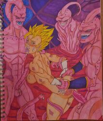 3boys anal anal_sex ass bent_over black_eyes blonde_hair blushing butt cum_in_mouth cum_on_breasts cum_on_face defeated defeated_heroine dragon_ball dragon_ball_z earrings female female_vegito gangrape genderswap inside_creature interspecies majin_buu male monster multiple_boys multiple_males naked penis pink_skin princeadam rape restrained rule_63 saiyan sex super_saiyan tentacle testicles traditional_media_(artwork) vegito