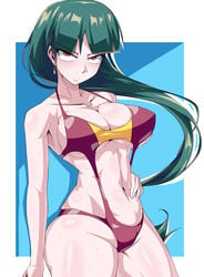 1girls 2019 abs adapted_costume alternate_breast_size alternate_costume alternate_outfit armpits ass belly big_ass blue_background breasts cleavage earrings eye_contact eyebrows_visible_through_hair female female_only fit green_hair gym_leader half-closed_eyes hand_on_hip highres hime_cut human human_only large_breasts long_hair looking_at_viewer midriff navel nintendo one-piece_swimsuit pokemon pokemon_frlg pokemon_rgby red_eyes sabrina_(pokemon) solo standing suzusiigasuki sweat swimsuit thick_thighs thighs underboob underwear wet white_border wide_hips