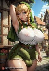 ai_generated bulge elf elf_ears erection_under_clothes futa_sans_pussy futanari huge_breasts intersex linkle naikedart penis penis_bulge solo stable_diffusion sweat the_legend_of_zelda