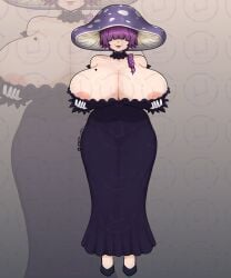 1girls adoptable adoptable_character big_breasts braid dress female gigantic_breasts hair_over_eyes holding_breast huge_breasts milf mommy monster_girl monster_milf mushroom nipple_peek nipples purple_hair short_hair tattoo thick thick_hips thick_legs thick_thighs umbra_arts witch