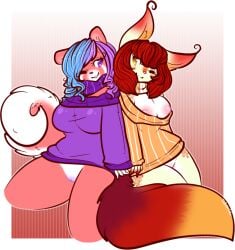 2013 blue_hair breasts brown_eyes canine female female_only fox furry nipples one_eye_closed original original_character original_characters pink_fur purple_eyes purple_hair purple_pussy pussy red_background red_hair red_panda sweater tehbuttercookie thick_thighs thighs victoria_(tj54) white_border white_fur zakuro_(tj54)