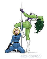 2girls alternate_version_available artist_name ass big_ass big_breasts blonde_hair blue_eyes bodysuit curvaceous curves curvy curvy_figure exxidor455 exxidor459 eyeshadow fantastic_four female female_only fingerless_gloves gloves green-skinned_female green_hair green_skin high_heel_boots hulk_(series) invisible_woman knee_boots leotard lips long_hair makeup marvel marvel_comics metahuman multiple_girls nipple_bulge on_knees pokies pole_dancing she-hulk stripper stripper_pole sue_storm superhero superheroine thick_thighs watermark wide_hips