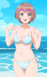 1girls beach brown_hair cleavage female looking_at_viewer medium_breasts short_hair smile standing string_bikini sunglasses sunglasses_on_head