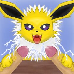 ambiguous_gender bodily_fluids canid canine eeveelution electric electric_shock electricity electricity_manipulation electro electrostimulation feral fur generation_1_pokemon genitals group hi_res human humanoid_genitalia humanoid_penis jolteon lightning majika male male/ambiguous mammal masturbation neck_tuft nintendo open_mouth penis pokemon pokemon_(species) saliva saliva_string sparks teeth tongue tongue_out trio tuft yellow_body yellow_fur