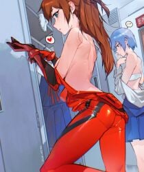 ... 2girls ass asuka_langley_sohryu back blue_eyes blue_hair bodysuit bra breasts brown_hair cesar_art456 commentary heart highres locker locker_room looking_at_viewer mecha_pilot_suit multiple_girls neon_genesis_evangelion no_bra parted_lips plugsuit red_bodysuit rei_ayanami school_uniform sideboob spanish_commentary spoken_ellipsis spoken_heart sweat teenage_girl teenage_girls teenager tokyo-3_middle_school_uniform underwear