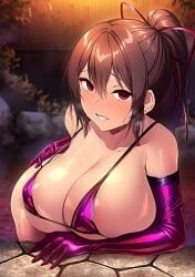 ai_generated black_hair female grin hair_ribbon hot_spring large_breasts long_sleeves looking_at_viewer micro_bikini netokano suzumori_mizuki