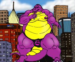 absurd_res alligator alligatorid anthro belly big_tail bulge city city_background cityscape crocodilian day detailed_bulge feet fodxp hi_res huge_tail huge_thighs macro male nipples null null_bulge octariax pecs reptile scalie solo tail thick_thighs