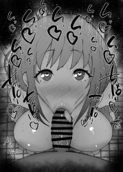 1boy 1girls :>= areola_slip bang_dream! bare_shoulders big_penis black_and_white blush censored dark-skinned_male dark_skin detailed_background dress drooling eyelashes fellatio female female_focus heart heart-shaped_pupils human indoor inside interracial kurotama looking_at_viewer male male_pov oral oral_sex room saliva shiny shiny_skin short_hair sketch sound_effects squatting sweat text tongue_out vein veins veiny veiny_penis yuutenji_nyamu