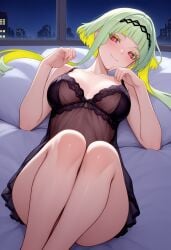 ai_generated breasts female_focus female_only green_hair legs looking_at_viewer red_eyes ringo_(soul_hackers) seductive seductive_look seductive_smile sitting smile smiling_at_viewer soul_hackers_2 transparent_clothing