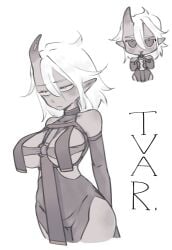 big_breasts breasts elf elf_ears horn loincloth original_character tvar white_background white_hair wide_hips