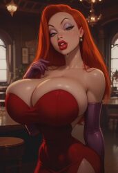 1girls ai_generated blush breasts bursting_breasts civitai cleavage elbow_gloves female huge_breasts jessica_rabbit looking_at_viewer makeup mamely32 solo standing wet_body who_framed_roger_rabbit