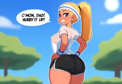 1girls ai_generated big_ass blonde_hair blue_eyes erect_nipples_under_clothes hands_on_hips looking_back medium_breasts novelai original ponytail see-through solo_female speech_bubble sweat t-shirt text thick_thighs wide_hips