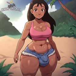 ai_generated beach big_ass black_skin brown_eyes bulge_through_clothing cock_bulge dark-skinned_female dark_hair disney futanari hentaiqrusader jorts lilo_and_stitch nani_pelekai pink_shirt smiling_at_viewer tagme thick_thighs