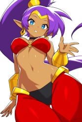 1girl 1girls bottom_view brown_girl dark-skinned_female fanart genie genie_girl long_purple_hair looking_at_viewer medium_breasts no_sex pirate pirate_girl ponytail purple_hair purple_ponytail questionable red_bra red_pants shantae shantae:_half-genie_hero shantae_(character) shantae_and_the_pirate's_curse shantae_and_the_seven_sirens skinny skinny_female skinny_girl smiling smiling_at_viewer thin thin_female thin_waist white_background