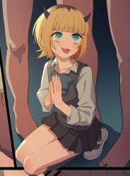 begging blonde_hair blue_eyes demon_horns fake_horns female horns imminent_gangbang imminent_rape memcho multicolored_hair multiple_boys no_pupils open_mouth oshi_no_ko roots_(hair) shirt short_hair skirt squatting sweatdrop tears yamomono