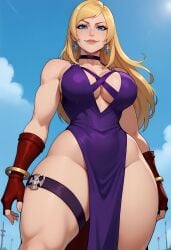 1girls ai_generated athletic_female big_breasts blonde_hair blue_eyes bonne_jenet cleavage curvaceous curvy_female dress dress_slit earrings exposed_thighs fatal_fury fatal_fury:_city_of_the_wolves female female_only fingerless_gloves floxin large_breasts light-skinned_female light_skin long_hair looking_at_viewer muscular_arms muscular_female snk solo standing straps thick thick_thighs voluptuous voluptuous_female wide_hips