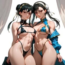 2girls ai_generated alternate_costume asian_female big_breasts bikini chun-li hairstyle_change seductive sexy spy_x_family street_fighter yor_briar