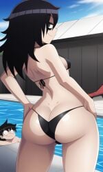 ai_generated ass_focus back_view bags_under_eyes bikini black_hair hair_sheen kuroki_tomoko kuroki_tomoko pool poolside swimsuit watashi_ga_motenai_no_wa_dou_kangaetemo_omaera_ga_warui!