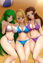 3girls ai_generated beach bikini blonde_hair blue_bikini blue_eyes brown_hair company_connection crossover goddess green_eyes green_hair jewelry kid_icarus metroid nidavellirstudios nintendo palutena princess_zelda purple_bikini purple_eyes samus_aran style_emulation super_smash_bros. the_legend_of_zelda the_legend_of_zelda:_twilight_princess twilight_princess white_bikini zelda_(twilight_princess)