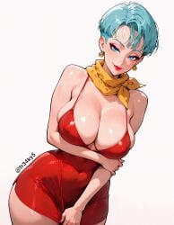 ai_generated blue_hair bulma_briefs bulma_briefs cleavage dragon_ball_z fr34ky huge_breasts lipstick mature_female milf short_hair