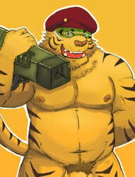 2017 anthro balls belly clothing felid fur genitals hat headgear headwear hi_res humanoid_hands kemono male male_only mammal moobs navel nipples overweight overweight_male pantherine penis pubes simple_background solo tiger v2wolf weapon yellow_background yellow_body yellow_fur