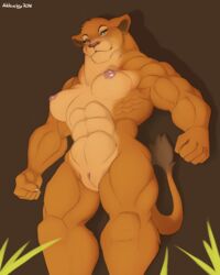 2018 4:5 abs absurd_res akkusky anthro anthrofied biceps big_muscles breasts clothed clothing disney extreme_muscles felid female genitals hi_res lion looking_at_viewer low-angle_view mammal muscular muscular_female nala nipples nude pantherine pussy simple_background smile solo standing the_lion_king