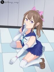 brown_hair cosplay cosplay_fetish_academy mizuki_suzuna oc ponytail purple_eyes sheong_wong sitting_on_floor skirt smile thick_thighs thighs