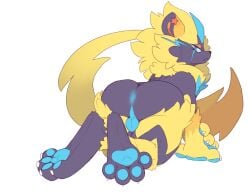 2025 4_toes anthro anue anus ass backsash balls blue_anus blue_balls blue_eyes blue_pawpads claws digital_media_(artwork) feet felid fur generation_7_pokemon genitals hair hi_res legendary_pokemon looking_at_viewer looking_back male mammal nintendo nude pawpads paws pokemon pokemon_(species) rear_view simple_background solo toes white_background yellow_body yellow_fur zeraora