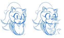 anthro big_breasts blue_and_white bodily_fluids breasts cleavage clothed clothing cum cum_on_breasts disembodied_penis eyelashes female genderswap genital_fluids genitals group male missphase mobian_(species) monochrome oral penis rule_63 sega sonic_(series) sonic_the_hedgehog sonic_the_hedgehog_(series) sonique_the_hedgehog straight