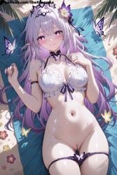 1girls ai_generated anime_art beach blush bug butterfly castorice_(honkai:_star_rail) castorice_(honkai_star_rail) colored_inner_hair cute flowers from_above hair_flower honkai:_star_rail intricate line_art lying_on_back lying_on_beach_towel newest panties_down patreon pointy_ears purple_eyes pussy realistic_details shiny shiny_skin sweat sweaty_style sweet_smile tiara uncensored wet white_brassiere