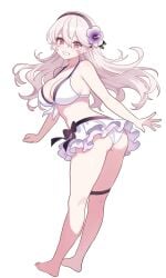 1girls bikini black_hairband blowing_kiss blush breasts cleavage corrin_(female)_(fire_emblem) corrin_(female)_(novice_vacationer)_(fire_emblem) corrin_(fire_emblem) corrin_(fire_emblem)_(female) female female_focus female_only fire_emblem fire_emblem_fates fire_emblem_heroes flower grey_hair hair_between_eyes hair_flower hair_ornament hairband large_breasts long_hair looking_at_viewer n_54 official_alternate_costume pointy_ears red_eyes smile solo swimsuit white_bikini white_hair