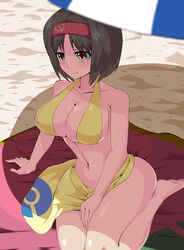 1girls 2019 abs alternate_breast_size alternate_costume alternate_outfit ass barefoot beach beach_mat big_ass bikini black_hair breasts brown_eyes cleavage erika_(pokemon) erika_(pokemon_frlg) eyebrows_visible_through_hair feet female female_only gym_leader hairband highres human human_only large_breasts looking_away navel nintendo one_eye_closed outdoors pokemon pokemon_frlg pokemon_rgby red_hairband sarong short_hair sitting skirt smile soles solo suzusiigasuki swimsuit thick_thighs thighs umbrella wide_hips yellow_bikini