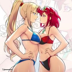 2girls ass bare_shoulders bikini blonde_hair blue_bikini blue_eyes breast_press breasts character_name chest_jewel company_connection core_crystal_(xenoblade) cowboy_shot crossover etchimune from_side high_ponytail large_breasts long_hair metroid multiple_girls ponytail profile pyra red_bikini red_eyes red_hair samus_aran short_hair swimsuit symmetrical_docking tiara xenoblade_chronicles_(series) xenoblade_chronicles_2