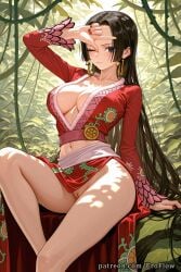 1girls 2025 ai_generated arm_up bangs black_hair blue_eyes blush boa_hancock breasts cleavage closed_mouth collarbone crop_top dress earrings eroflow genitals hi_res highres jewelry knee_up large_breasts light-skinned_female long_hair long_sleeves looking_at_viewer midriff nail_polish navel no_panties one_eye_closed one_piece one_piece:_egghead_arc patreon plant pussy pussy_juice red_nails sash sitting solo stomach thighs tight_pussy uncensored very_long_hair voluptuous voluptuous_female wig