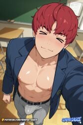 ai_generated bulge bulge_through_clothing closed_eyes dandadan jin_enjoji light-skinned_male light_skin male_only muscular_male red_hair school_uniform senpai_sauce smiling yaoi