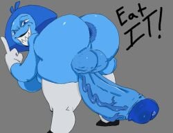 anus aquamarine_(steven_universe) ass balls bent_over big_balls big_breasts blue_body blue_hair breasts dickgirl evil_smile flipping_off flipping_viewer_off futanari gem_(species) gloves grin huge_cock kaijujuggs looking_back penis sharp_teeth shoes steven_universe thighhighs